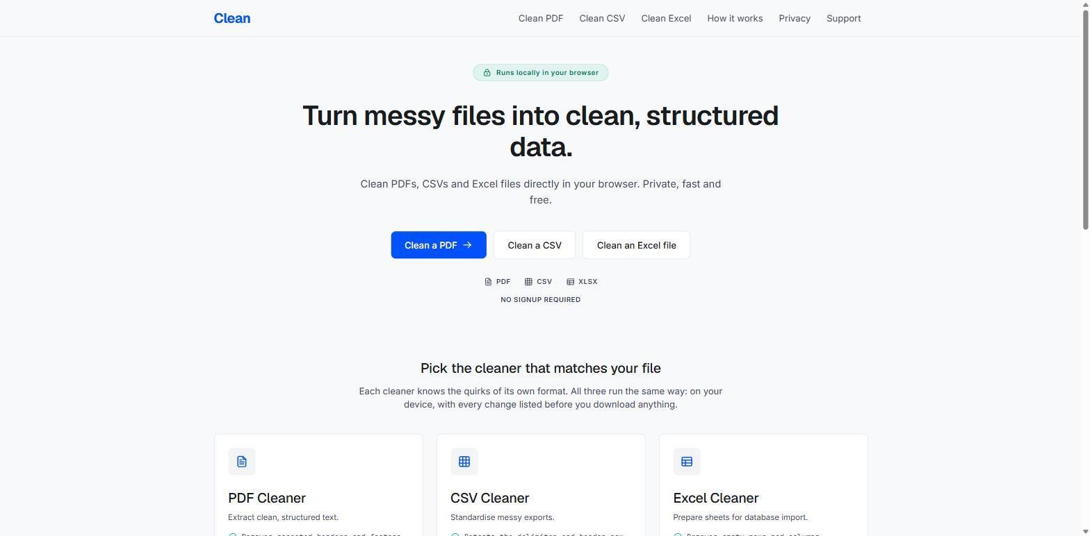 Homepage of clean.itisyou.app, a browser-based tool for cleaning PDF, CSV and Excel files