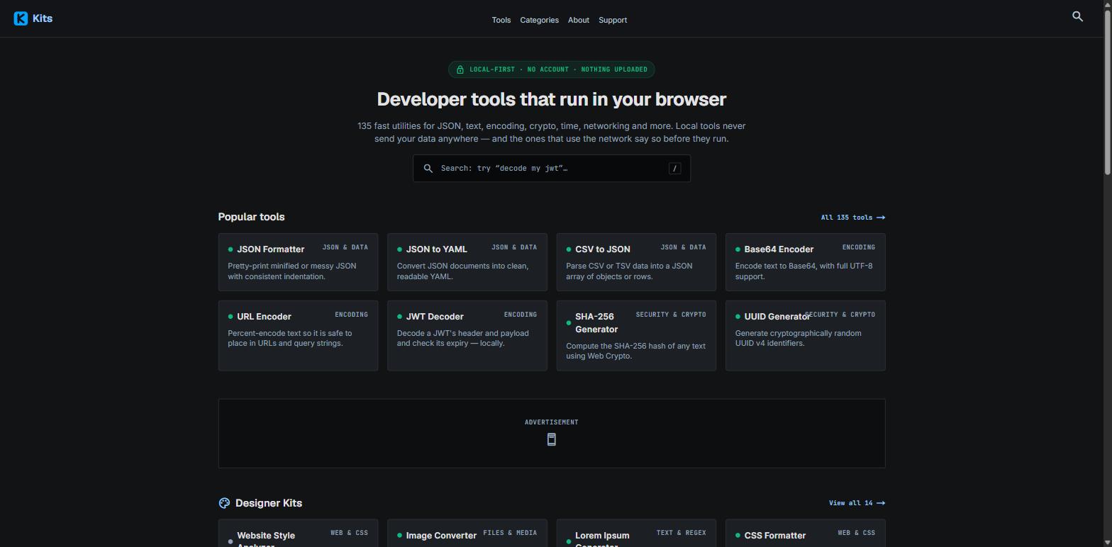 Homepage of kits.itisyou.app listing browser-local developer tools