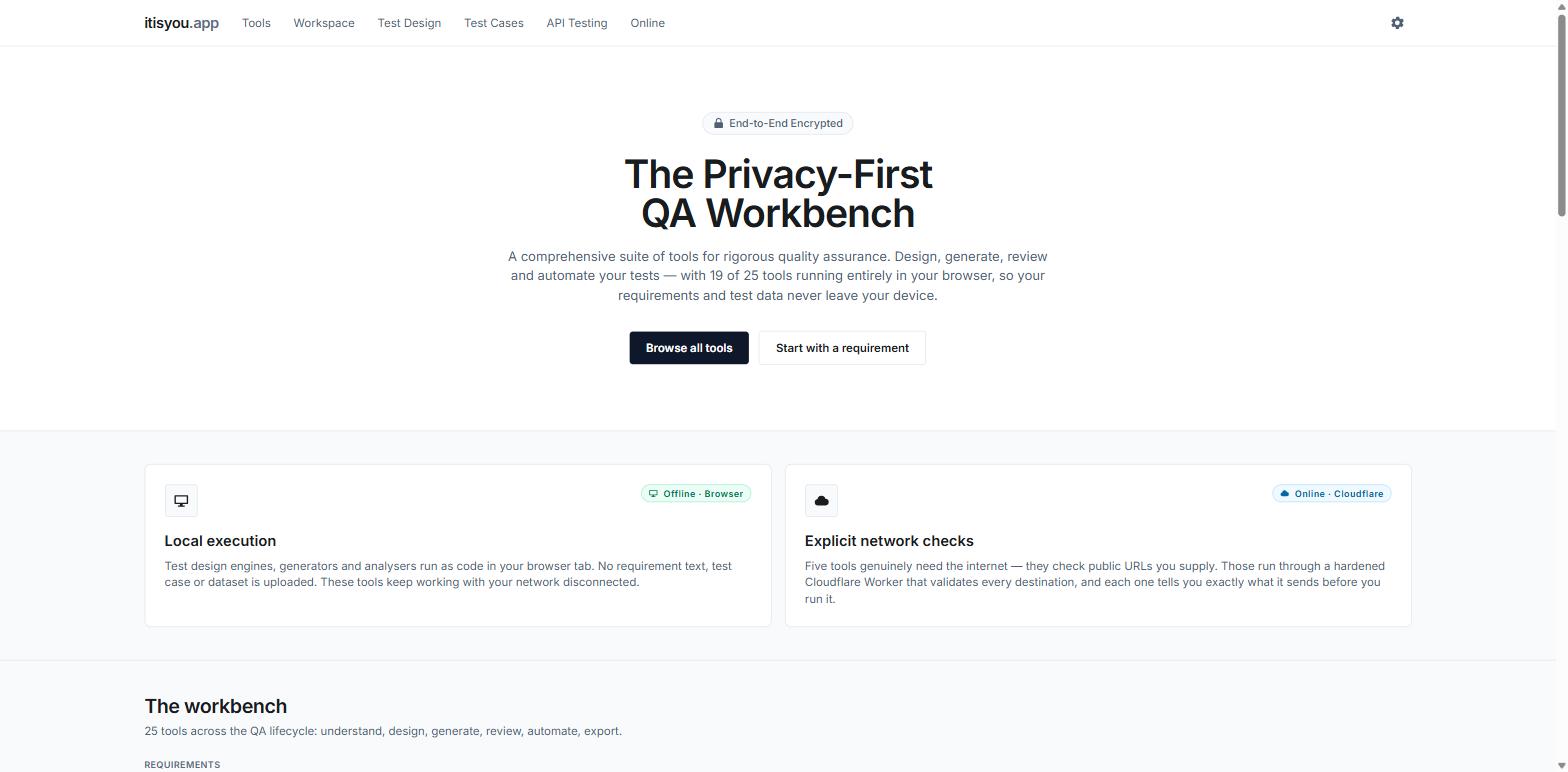 Homepage of qa.itisyou.app, a privacy-first QA workbench
